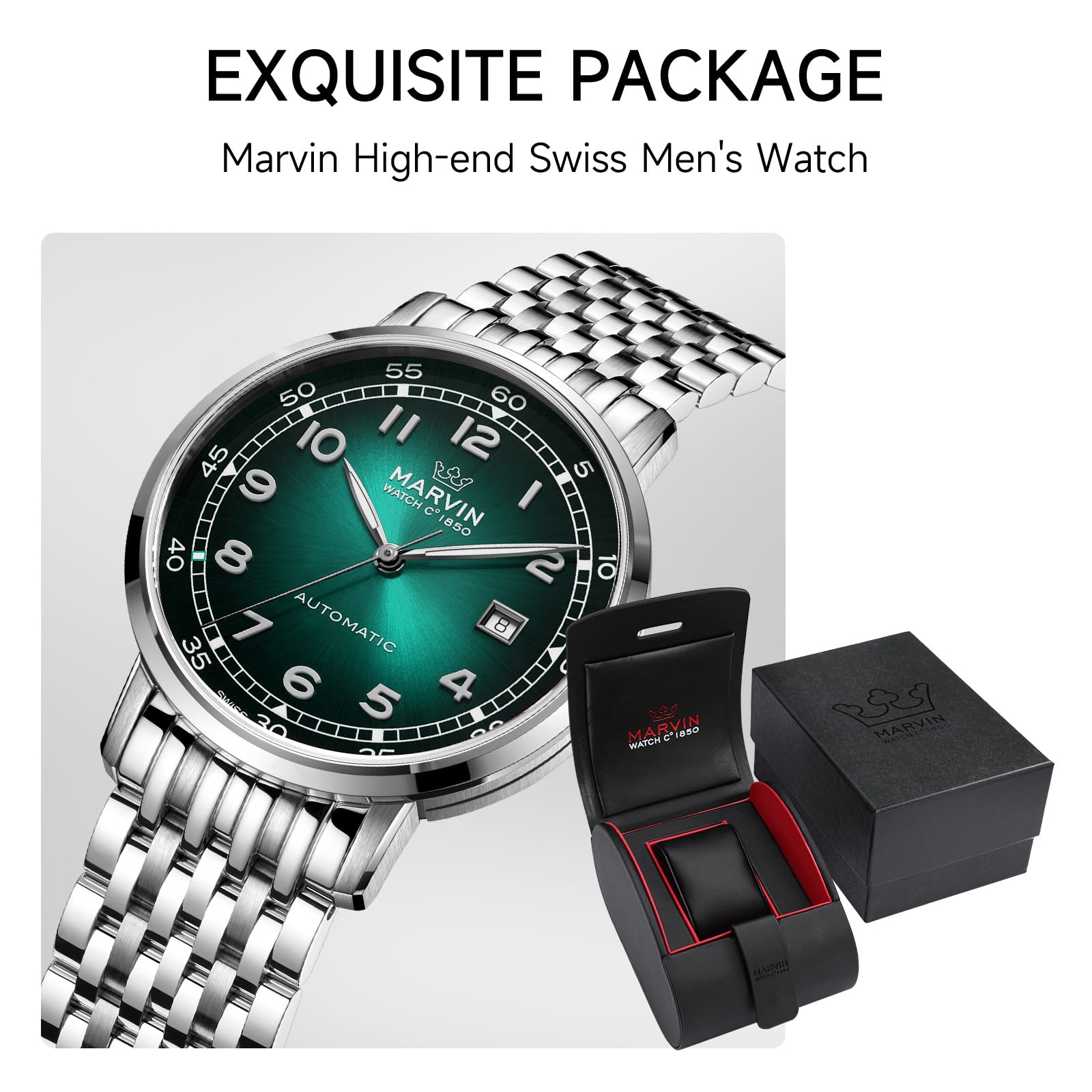 marvin Swiss Automatic Movement Watches for Men Casual Men's Watch with Stainless Steel Strap,Sapphire Glass Dial,Luminous Hands and Hour Markers,50m Waterproof