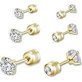 3 Pairs Stud Earrings Set for Women Men, 14K Gold Plated Round Cubic Zirconia Studs, Hypoallergenic Double Sided Cubic Zirconia Earrings for Women Men3-5-7mm