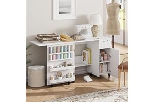 TAKYWEP Folding Sewing Machine Table with Storage Shelves and Sliding Drawer, Craft Station with Lockable Wheels, Rolling Side Desk for Sewing Machine for Home, Bedroom, Small Spaces, White
