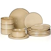 E-far 12-Piece Plates and Bowls Sets, Stoneware Dinnerware Dishes Sets for 4, Kitchen Modern Dining Dishware, Chip & Scratch Resistant, Microwave & Dishwasher Safe, Caramel Khaki
