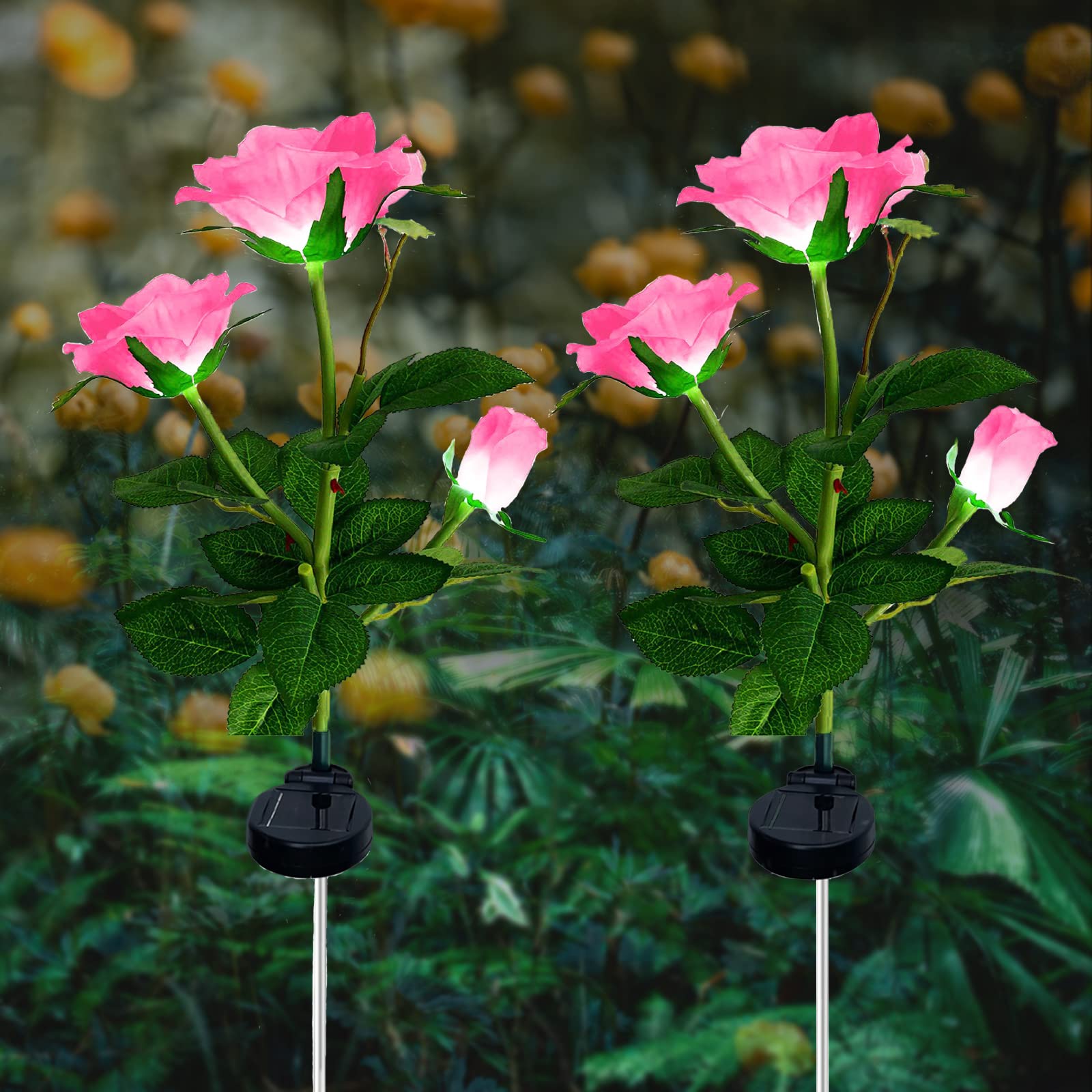ZVO Solar Lights Outdoor Garden, LED Solar Powered Flowers Garden Lamp Waterproof Ornament with 6 Bigger Pink Rose Lights, Solar Garden Outside Decorative for Yard Wedding Christmas Gift(2pcs Pink)