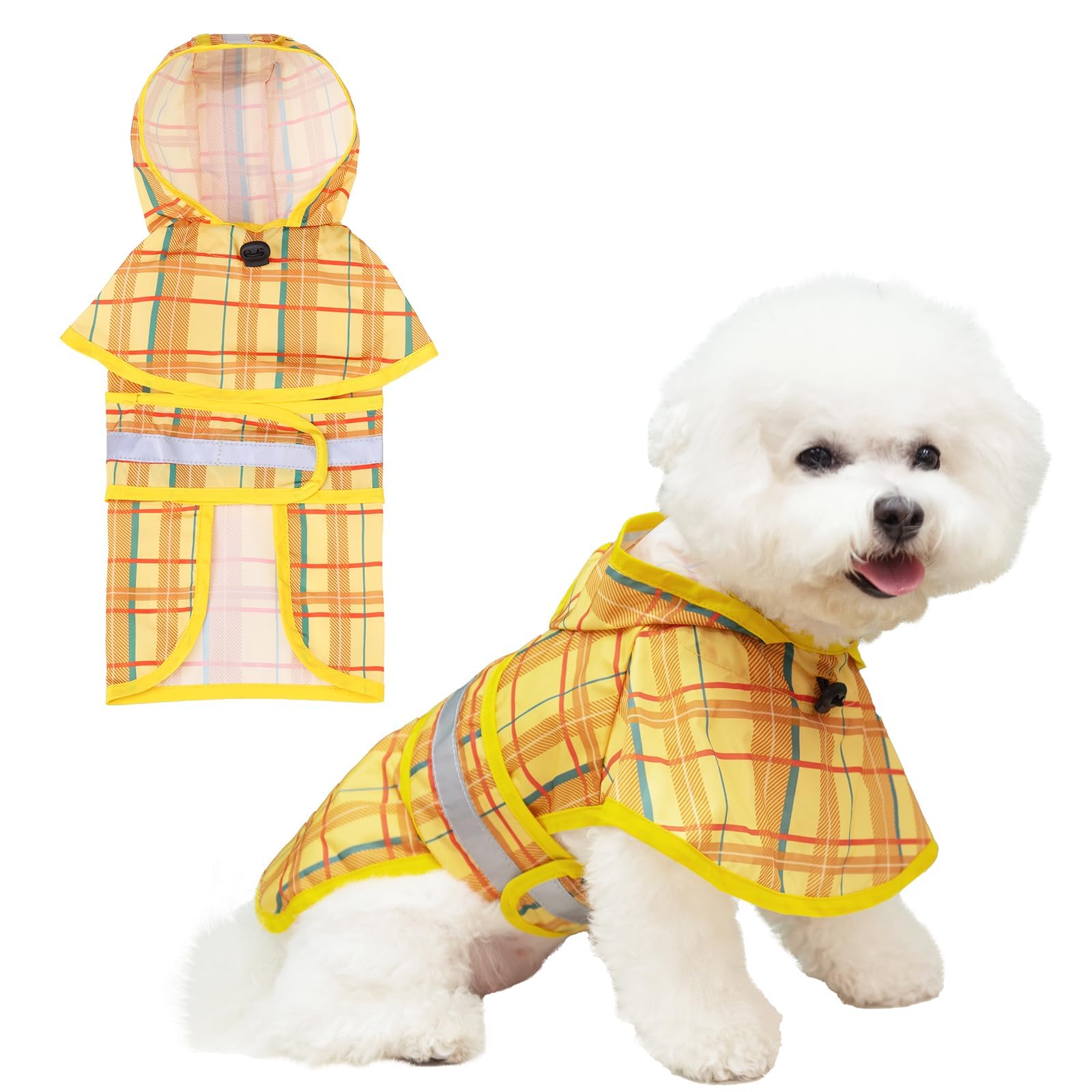 KOOLTAIL Raincoat Hooded Slicker Poncho with Leash Hole for Small Medium Dogs, Waterproof Rain Jacket with Reflective Strip, Adjustable Breathable Plaid Puppy Rainwear-Yellow