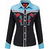 DIFICIL SLOG Women's Embroidered Western Cowgirl Snap Button Down Shirt with Stretch Long Sleeve Loose Blouse