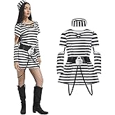 PUIWNON Prisoner Costume Women Jail Costume Adult Prison Outfit Striped Convict Inmate Uniform for Halloween