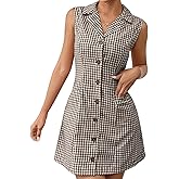 Ellunis Women's Plaid Shirt Dress 2025 Sleeveless V Neck Tie Back Button Up Gingham Dress