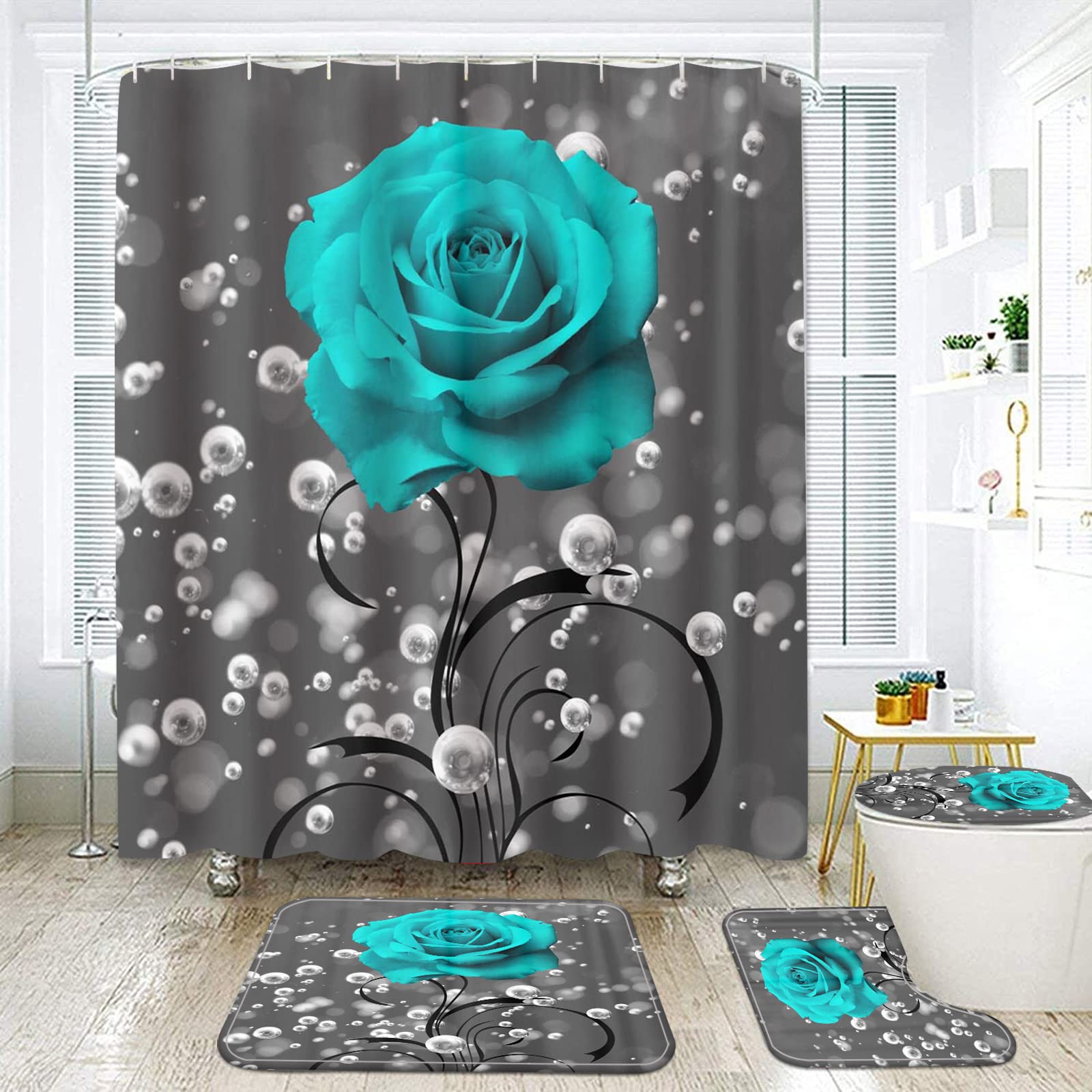 4 Piece Shower Curtain with Bath Rugs Bathroom Sets, Rustic Blue Rose Flower with Butterfly Bathtub Accessory Kit -- Carpet ,U Shape Mat and Toilet Lid Cover,Floral Valentine's Day Room Decor (Gray)