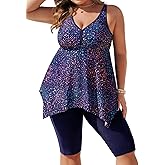 Hanna Nikole Women Plus Size Tankini Swimsuit 2 Piece Bathing Suits with Pockets Flowy Rash Guard Swimwear with Capris Shorts