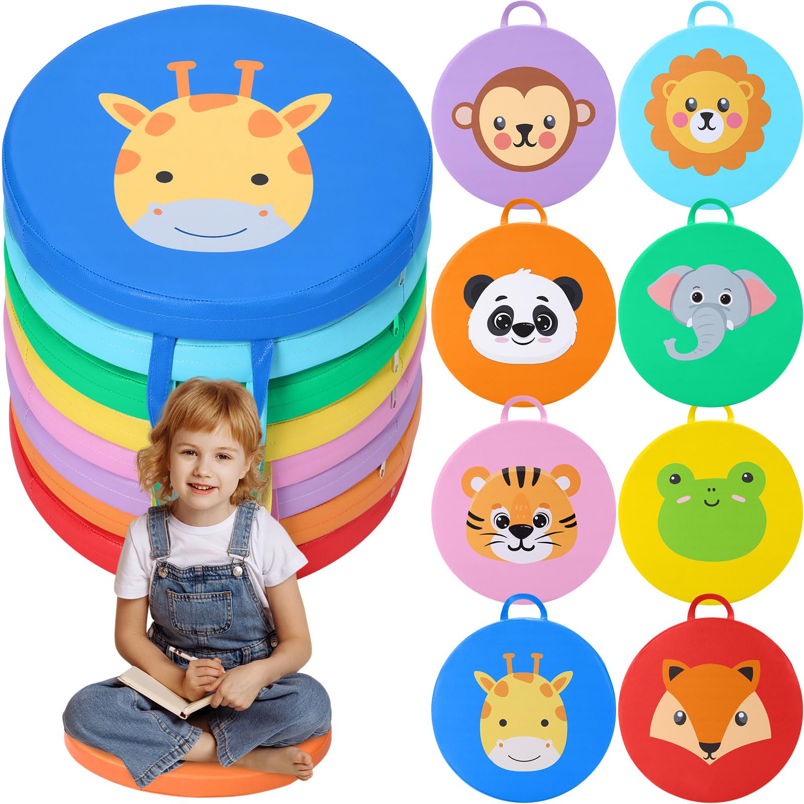 Photo 1 of CroBlissful 8 Pcs 15 Inch Extra Thick Round Kids Floor Cushions Colored PU Leather Floor Pillow with Handle Flexible Seating for School Daycare Nursery Kindergarten Classroom Home Supplies