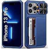 BXYJY for iPhone 13 Pro Case with Card Holder (4-5 Cards), Slide Camera Cover, Military Grade Drop, RFID Block, Rugged Heavy Duty Shockproof Men Women Phone Case for iPhone 13 Pro, Blue