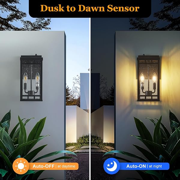 13.5” DUSK TO DAWN SENSOR OUTDOOR WALL LIGHTS – 2-LIGHT LARGE EXTERIOR LIGHTING FIXTURES, WATERPROOF PORCH LIGHTS FOR GARAGE, FRONT DOOR, PATIO & HOUSE, PORCH LIGHT WITH E12 BASE,MATTE BLACK,1 PACK