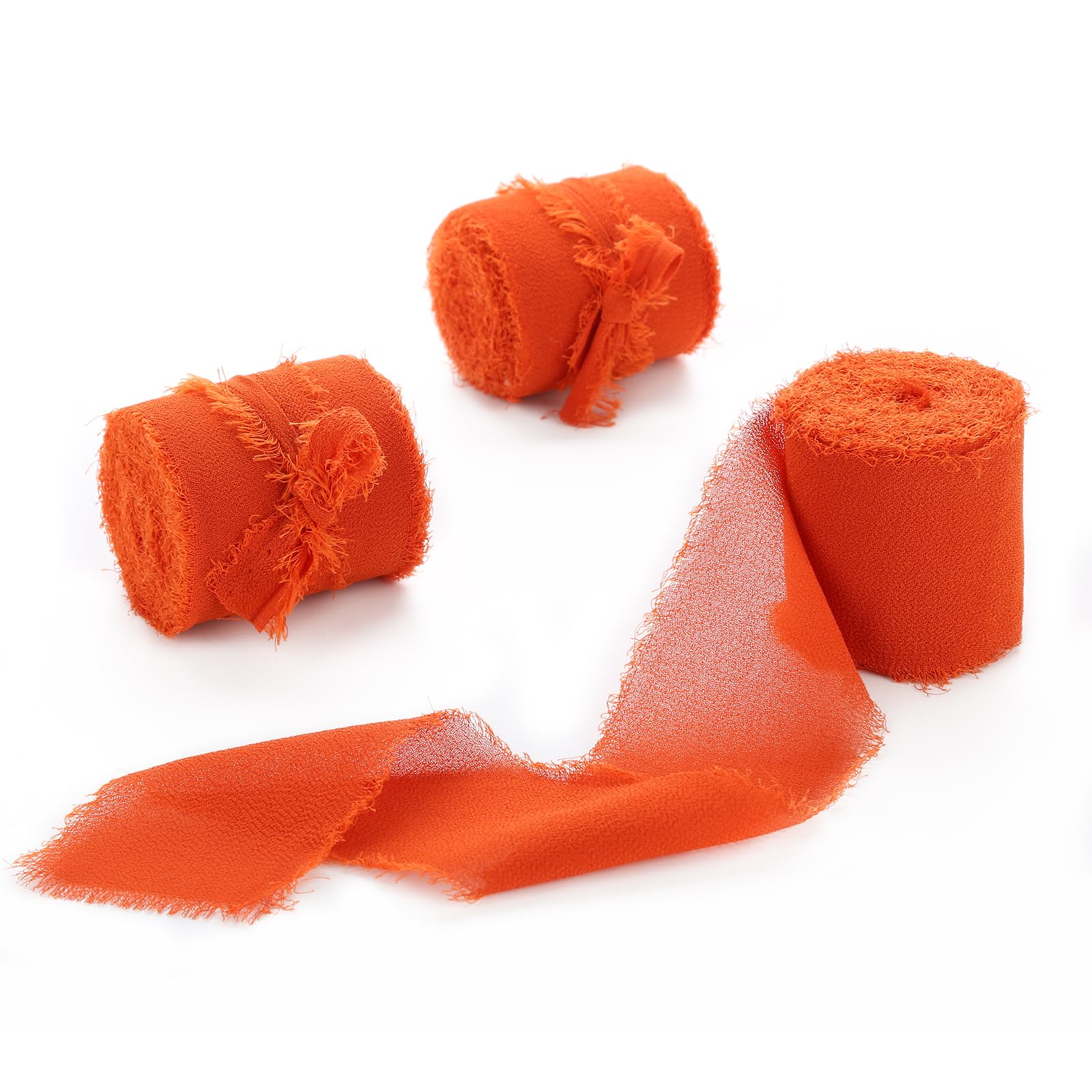 Terracotta Chiffon Ribbon 3 Rolls 1.5 inch X 5 Yard Burnt Orange Handmade Fringe Chiffon Silk Ribbon Set for Gift Wrapping, Wedding Decor, Christmas Decor, Bridal Flower Bouquets, and DIY Crafts — image 1