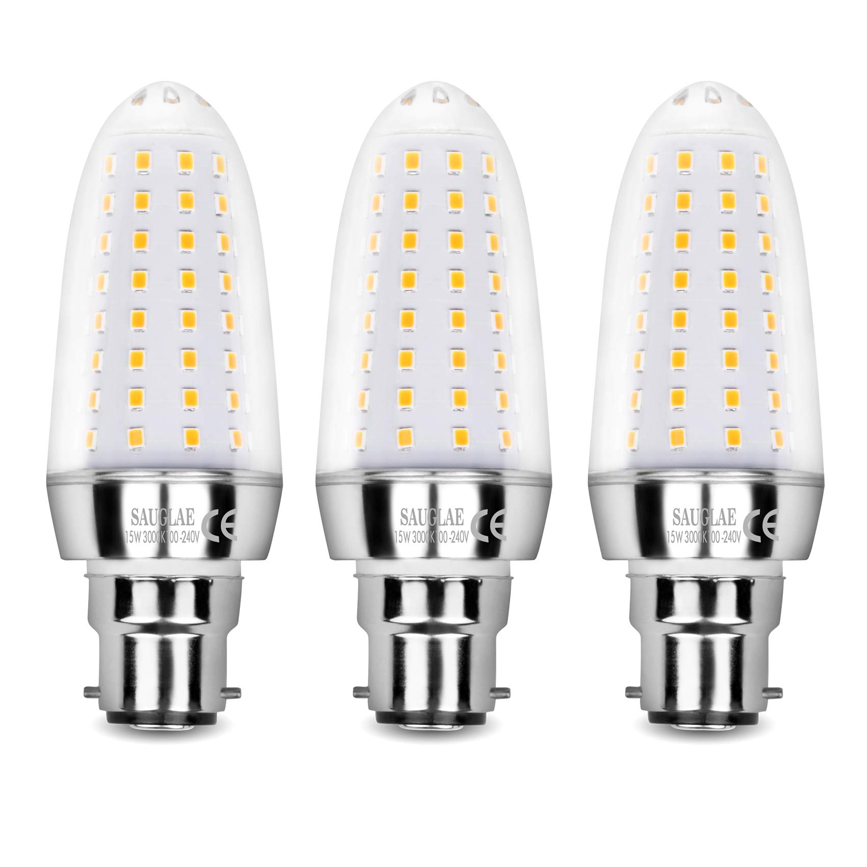 SAUGLAE 15W LED Light Bulbs, 120W Incandescent Bulbs Equivalent, 3000K Warm White, 1700Lm, B22d Bayonet Cap Led Lights, Pack of 3