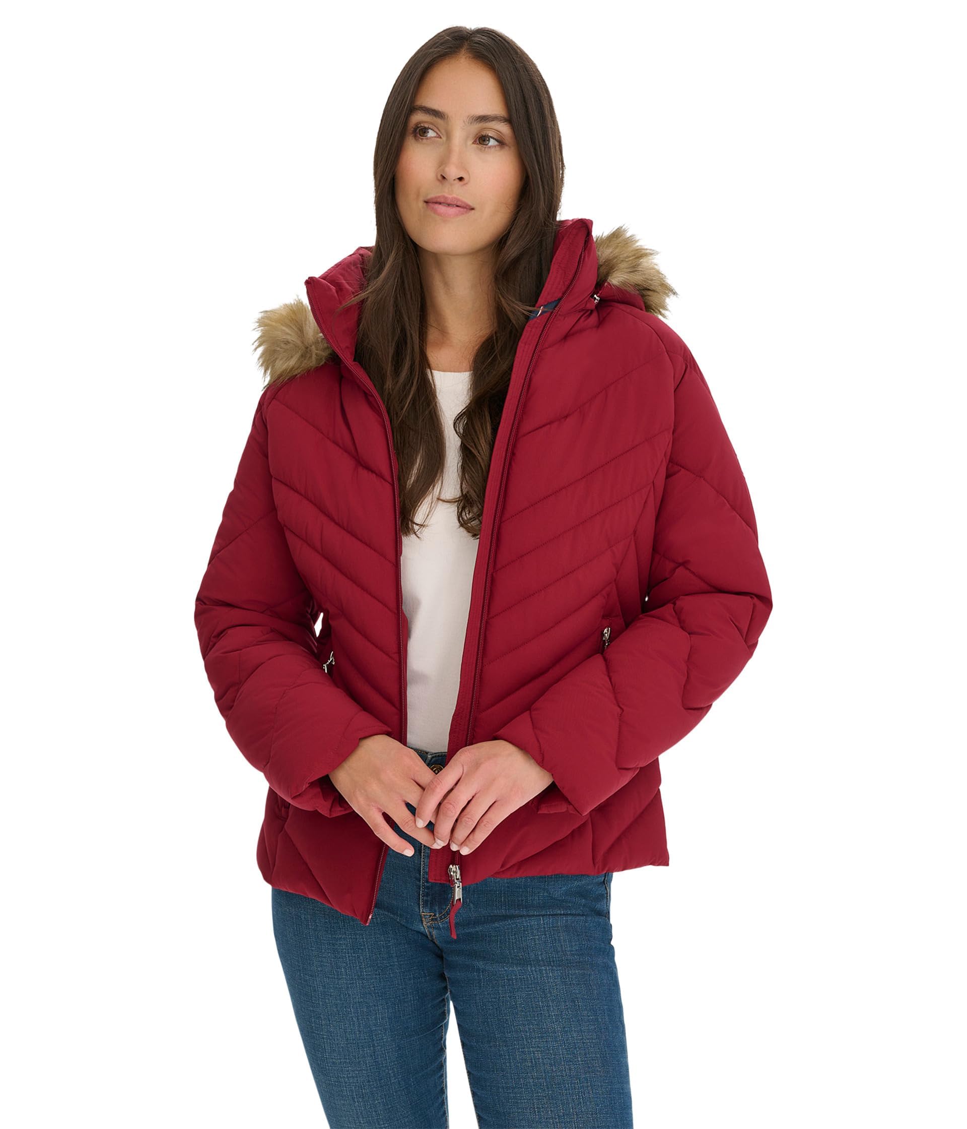 Tommy Hilfiger Women’s Faux Fur Trimmed Short Puffer Rouge Large