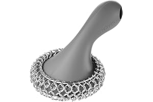 SUBEKYU Cast Iron Scrubber with Silicone Handle, Stainless Steel Cast Iron Skillet Cleaner Chainmail Scrubber for Pans, Grey