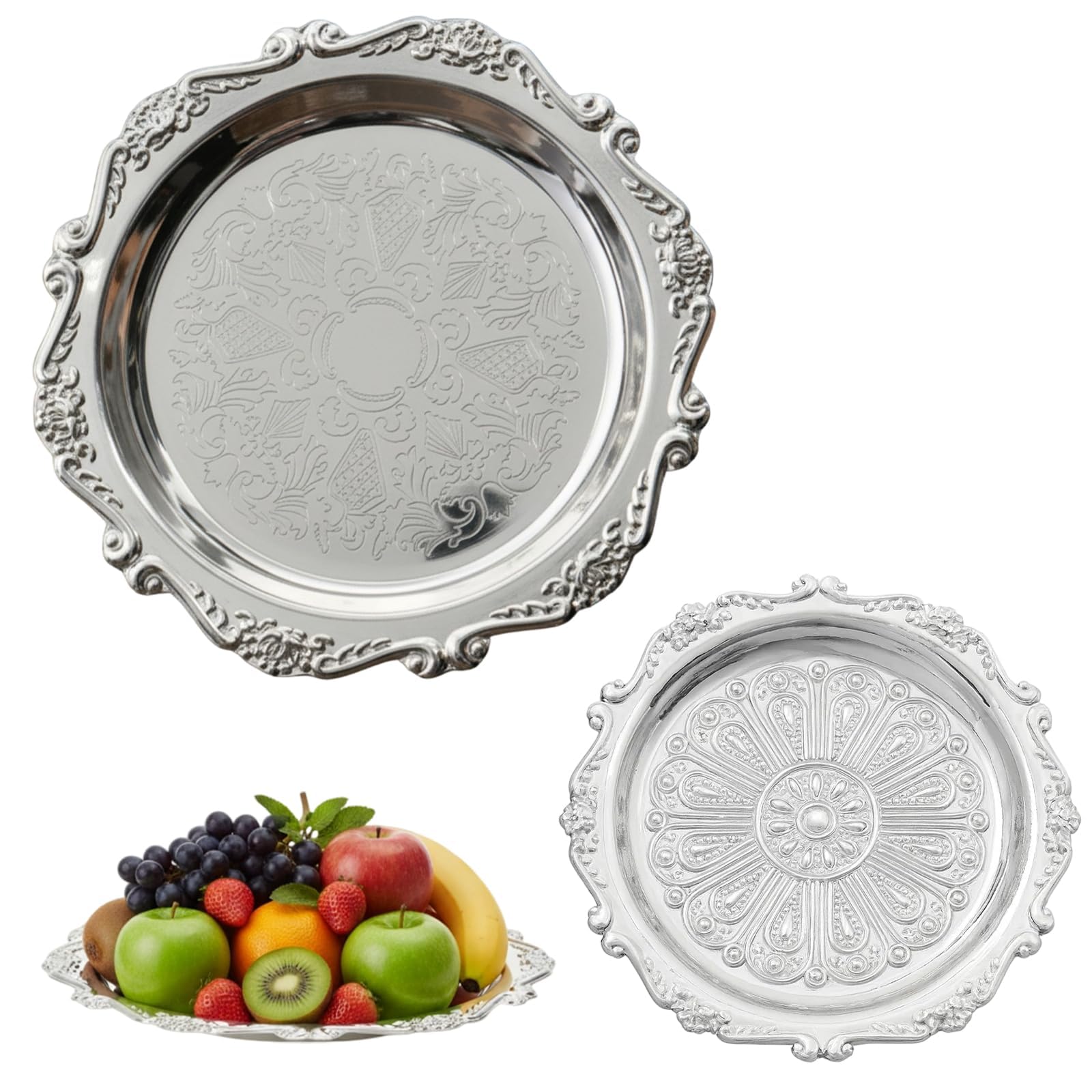 Photo 1 of 2 pcs Silver Platter, Silver Platter Tray, 8-Inch and 3-Inch Decorative Set, Alloy Metal Serving Dish for Food Display and Home Decor