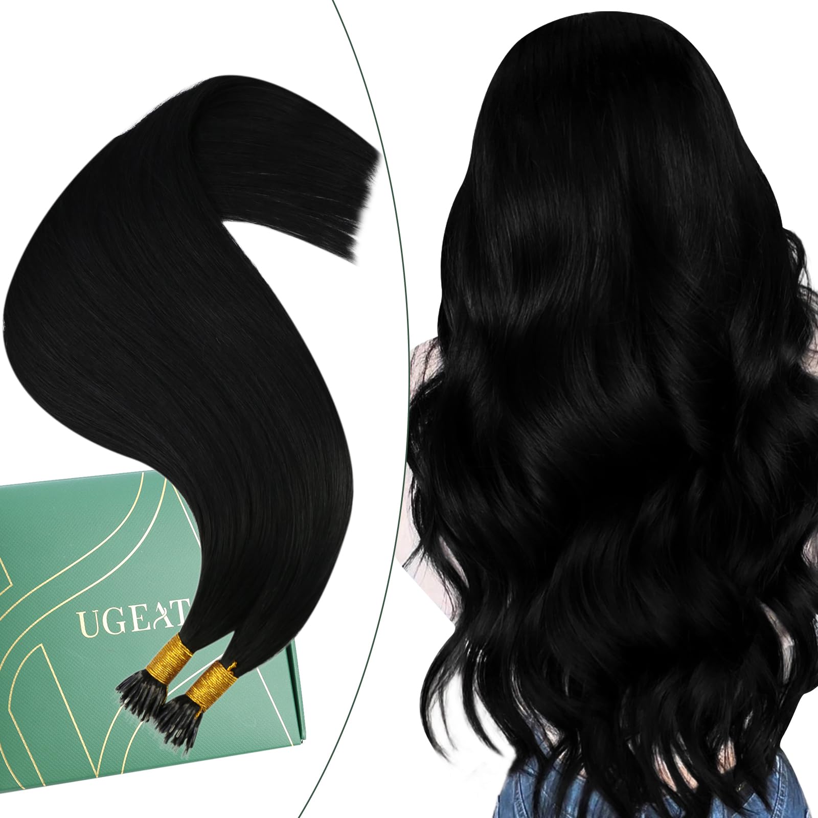 Ugeat Nano Hair Extensions Real Human Hair Black 50G/50S 14 Inch Nano Beads Hair Extension Human Hair Jet Black #1 for Women Straight — image 1