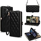 Rssviss Crossbody Case for iPhone 16e 2025 Case Wallet, RFID Blocking Leather Case with Card Holder Kickstand, Handbag Zipper Flip Cover with Wrist Strap for iPhone 16e Men Women 6.1", Black