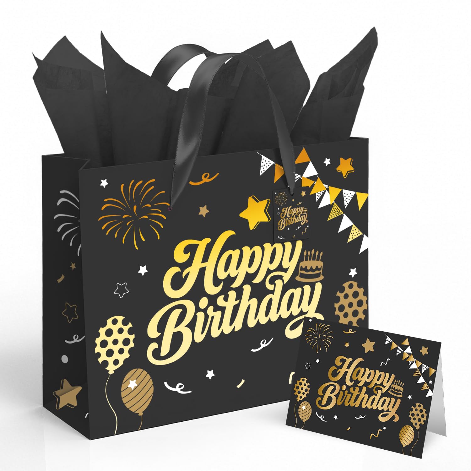 Photo 1 of 13” Black Birthday Gift Bag with Tissue Paper and Greeting Card, Happy Birthday Gift Bags for Party, Hot Foil Stamping Design Gift Wrap Bags Decor for Men, Women and Kids, 1 PCS, Medium Size