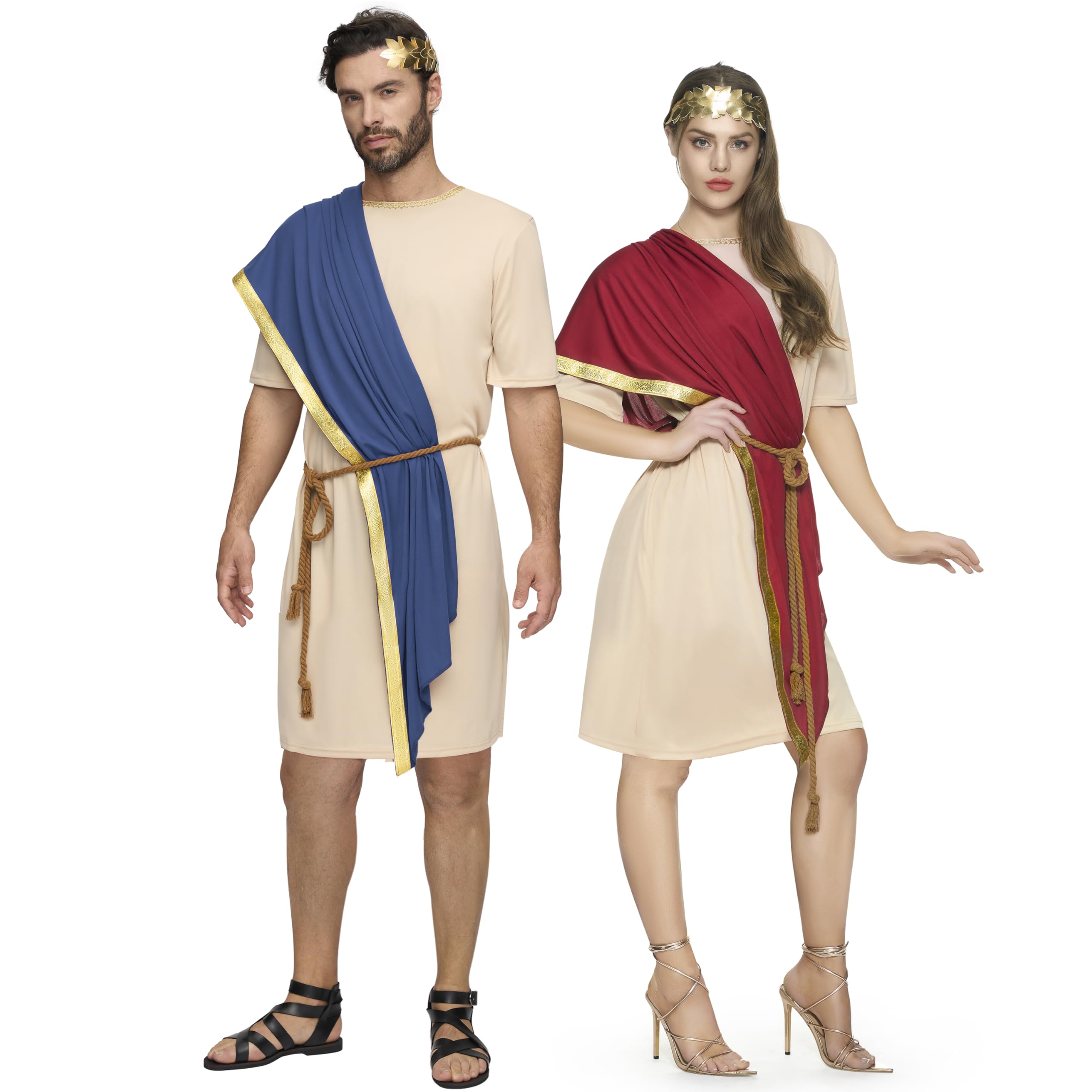 Spooktacular Creations Unisex Adult Toga Costume Set, Greek Halloween Couples Costumes with Ancient Roman Tunic, Shawls, Belt and Leaf Crown for Halloween Costume Role Play M