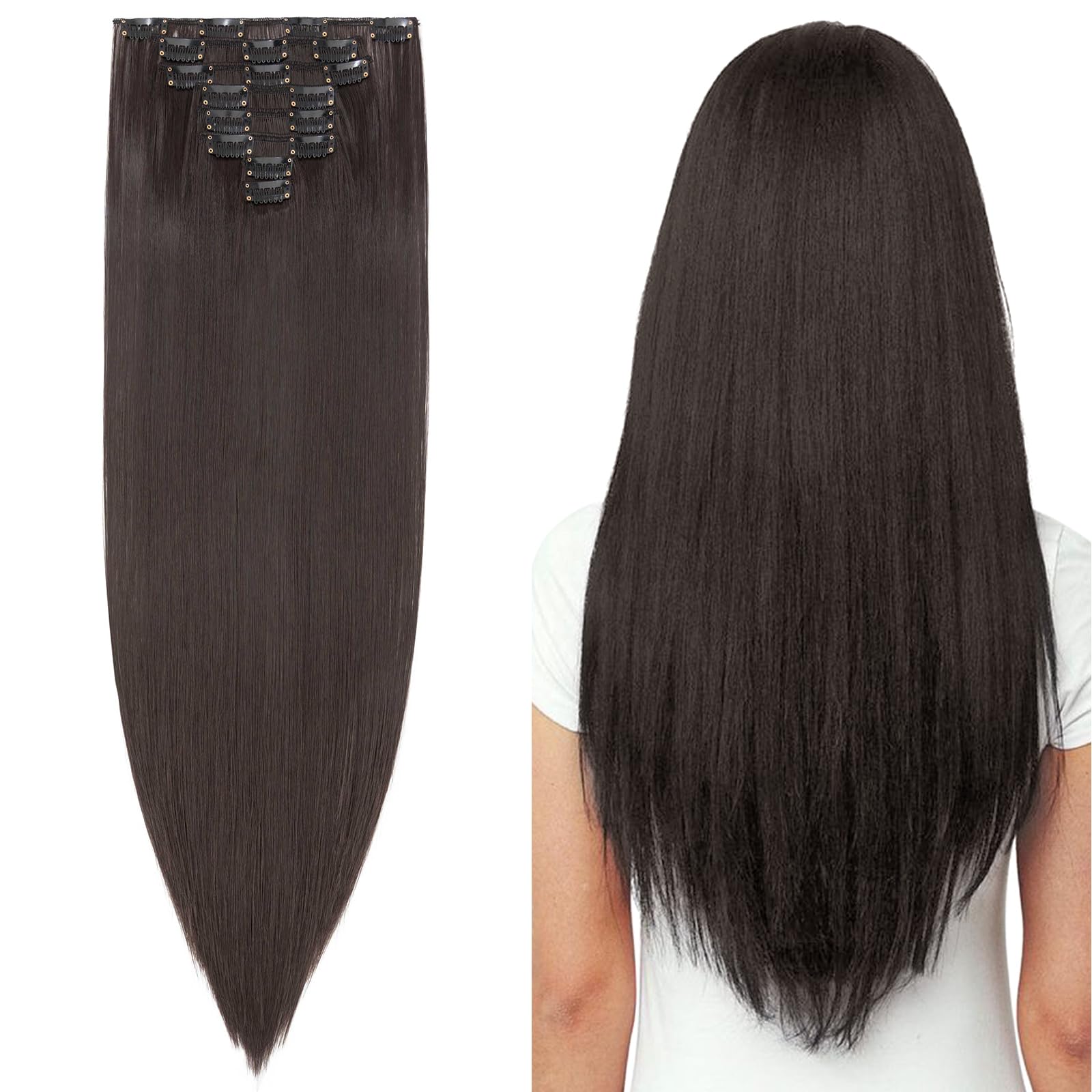 Silk-co Clip in Hair Extensions 8Pcs 23inch Straight Synthetic Heat Resistant Hairpiece Extension -Dark Brown
