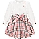 AMAWMW Girls Skirt Sets Fall Outfits Puff Sleeve Crewneck Ribbed Knit Tops and Plaid Skirt Set Kids Fall Winter Clothes
