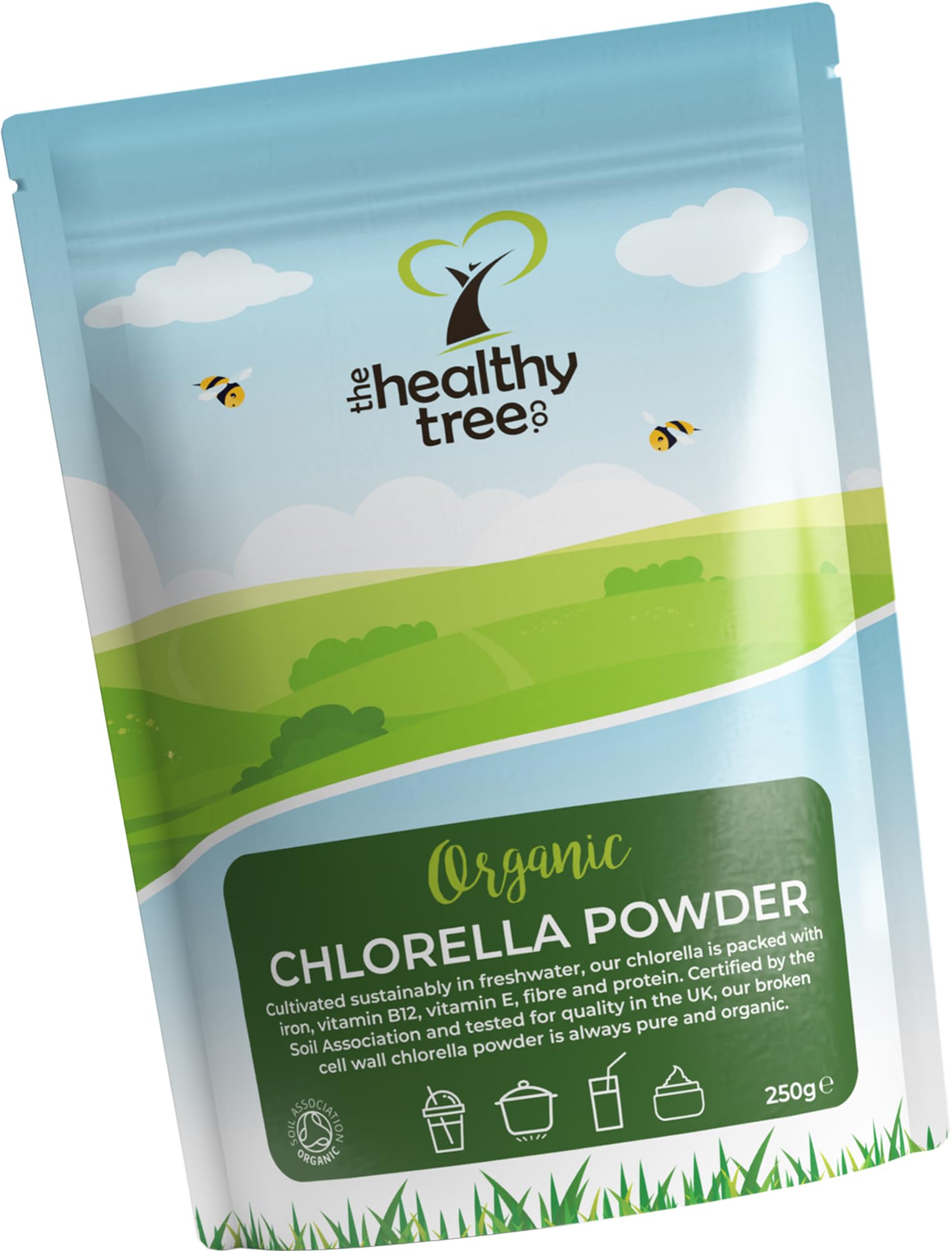Organic Chlorella Powder by TheHealthyTree Company for Juices and Smoothies - High in B12, Protein and Iron - UK Certified Broken/Cracked Cell Wall Pure Vegan Chlorella Vulgaris (250g)