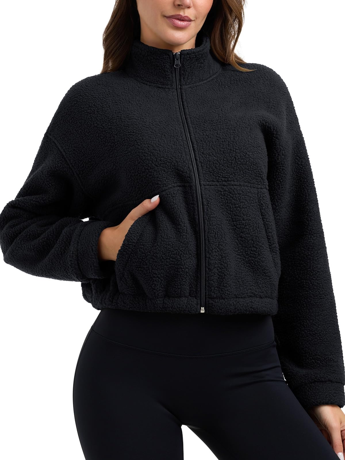 Photo 1 of PINKMSTYLE Women's Cropped Zip Up Fleece Sherpa Jacket Coat Winter Warm Trendy Pullover Sweater Sweatshirt Black Small