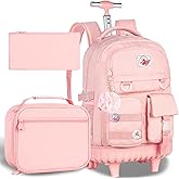 CCJPX Rolling Backpack for Girls Women, 21 inch Roller Wheels School Bookbag, Wheeled Suitcase Backpacks with Lunch Bag for Teen - Pink