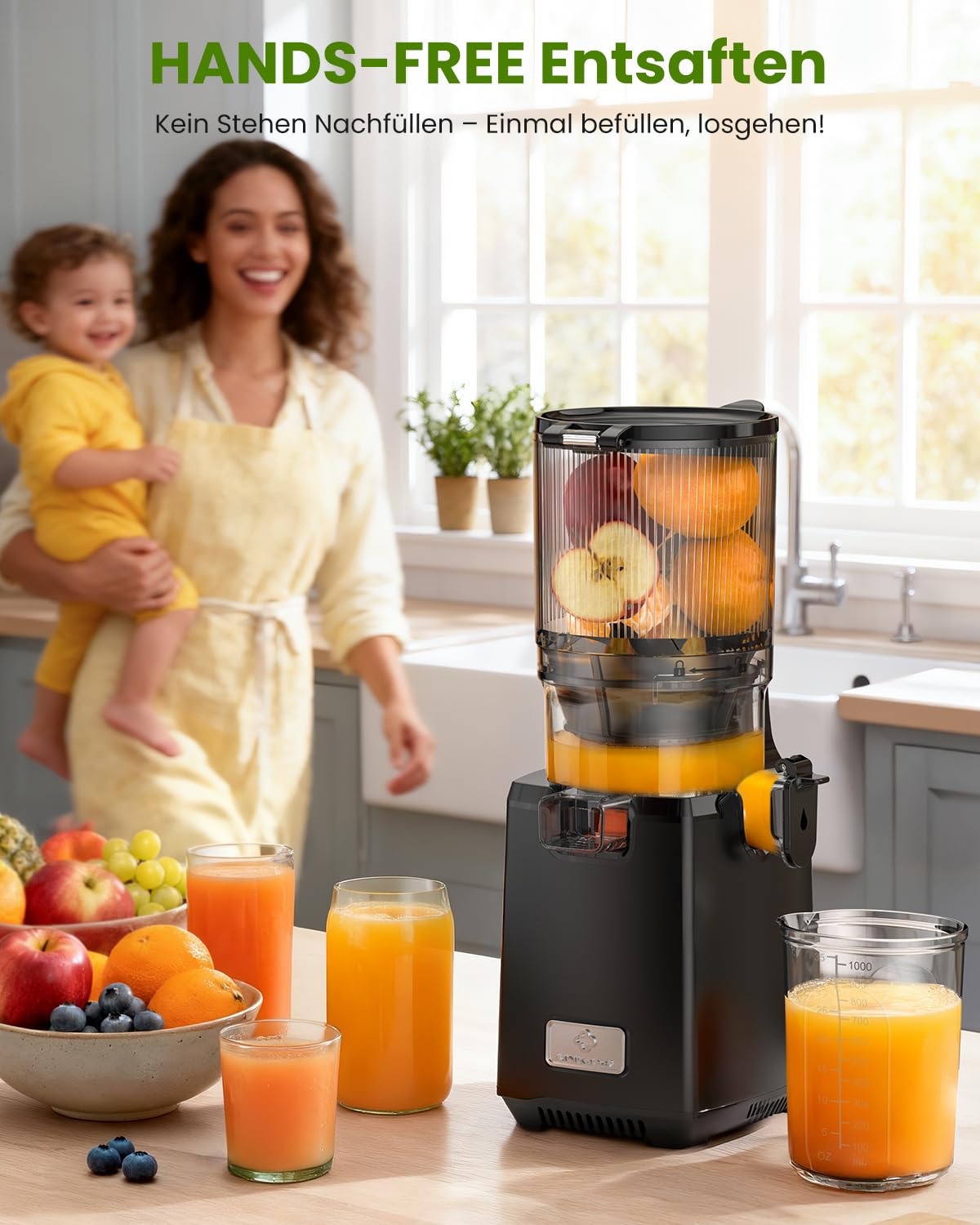 LINKChef Entsafter Slow Juicer, Entsafter Gemüse und Obst Testsieger, 130MM Öffnung und 1,8L Juicer Machine mit Umkehrfunktion, Einfache Installation, Leicht zu Reinigen, 100% BPA Frei, 250W 8