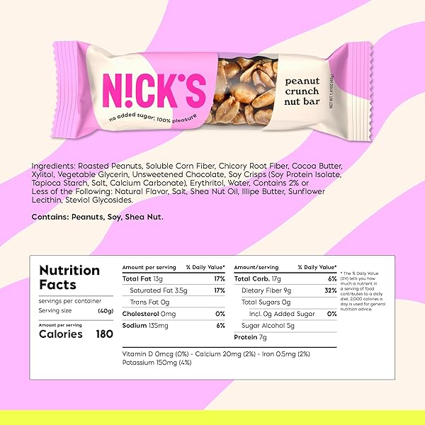 N!CK’S PEANUT CRUNCH KETO NUT BAR, NO ADDED SUGAR, 3G NET CARBS, 7G PROTEIN, 180 CALORIES, VEGAN CHOCOLATE, KETO CANDY, GLUTEN FREE, LOW CARB SNACK, BULK SAVING (PACK OF 30) 40.0 GRAMS