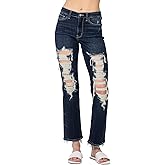 Judy Blue Women's Mid-Rise Heavy Destroy Straight Leg Jeans
