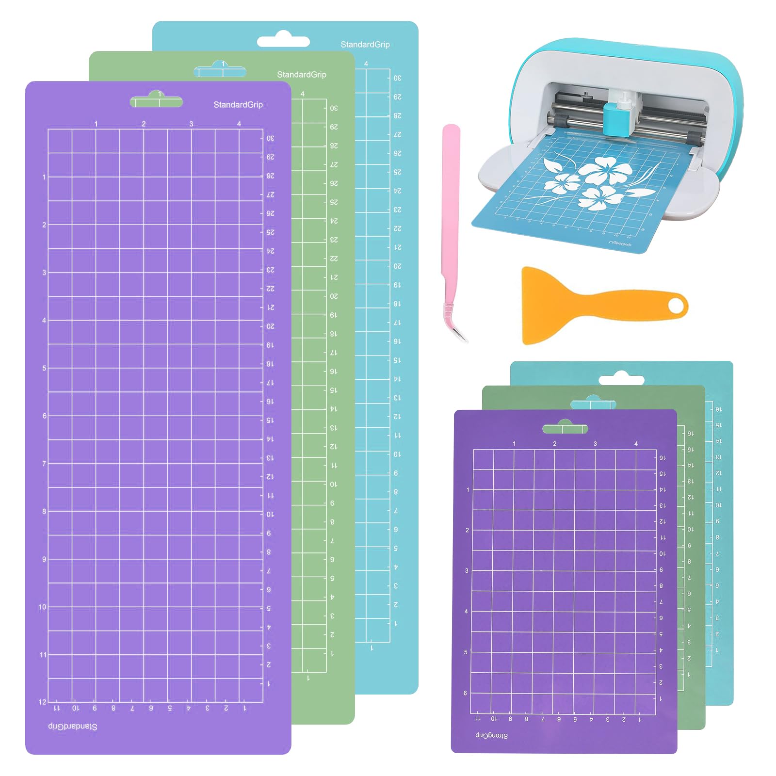 8 PCS Joy Mat Joy Accessories - 4.5" x 12" & 4.5" x 6.5" Extra Mats with Free Scraper & Tweezers | Standard, Light & Strong Grip