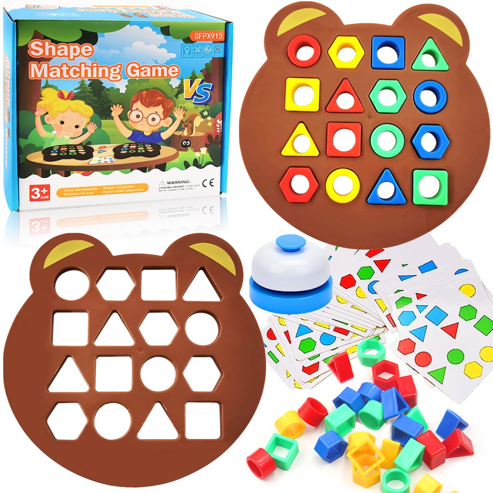 Jastown Shape Matching Game Color Sensory training，geometric shapes puzzle board with a bell,Color Quick Matching Board,Montessori Learning Matching Games for Boys Girls (2 players)