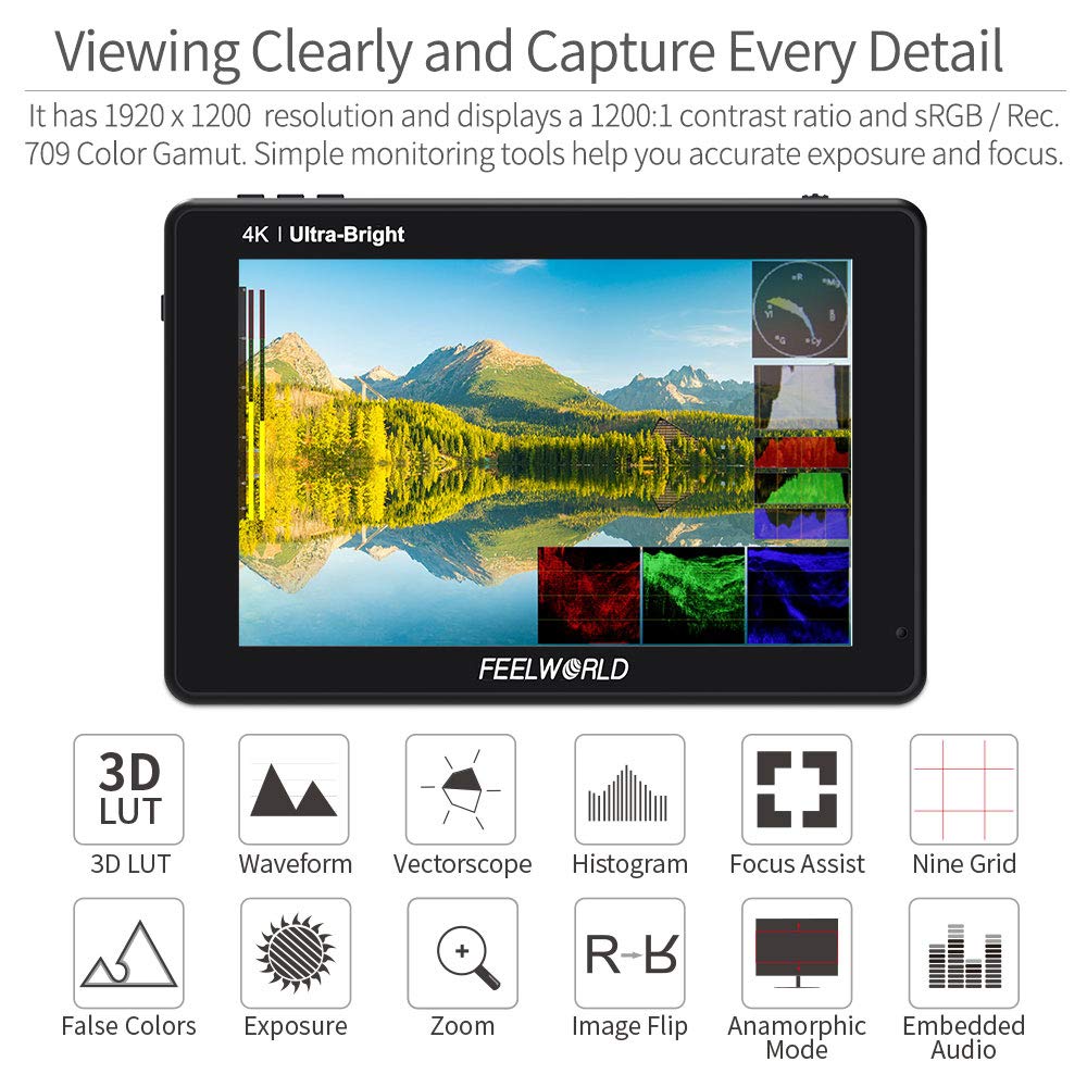 FEELWORLD LUT7 PRO 7 Inch Ultra Bright 2200nits DSLR Camera Field Monitor 3D LUT Touchscreen HDR Waveform F970 External Power and Install Kit 4K HDMI