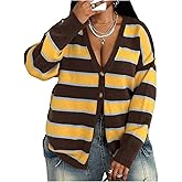 SOLY HUX Women's Plus Size Color Block Striped Cardigan Sweater Button Down V Neck Long Sleeve Knit Outerwear