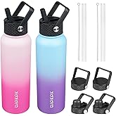 BJPKPK 2 Pack Insulated Water Bottles with Straw Lids, 40oz Stainless Steel Metal Water Bottle with 6 Lids, Leak Proof BPA Free Jugs, Cups, Flasks for Travel, Sports (Cherry+Ocean Dream)