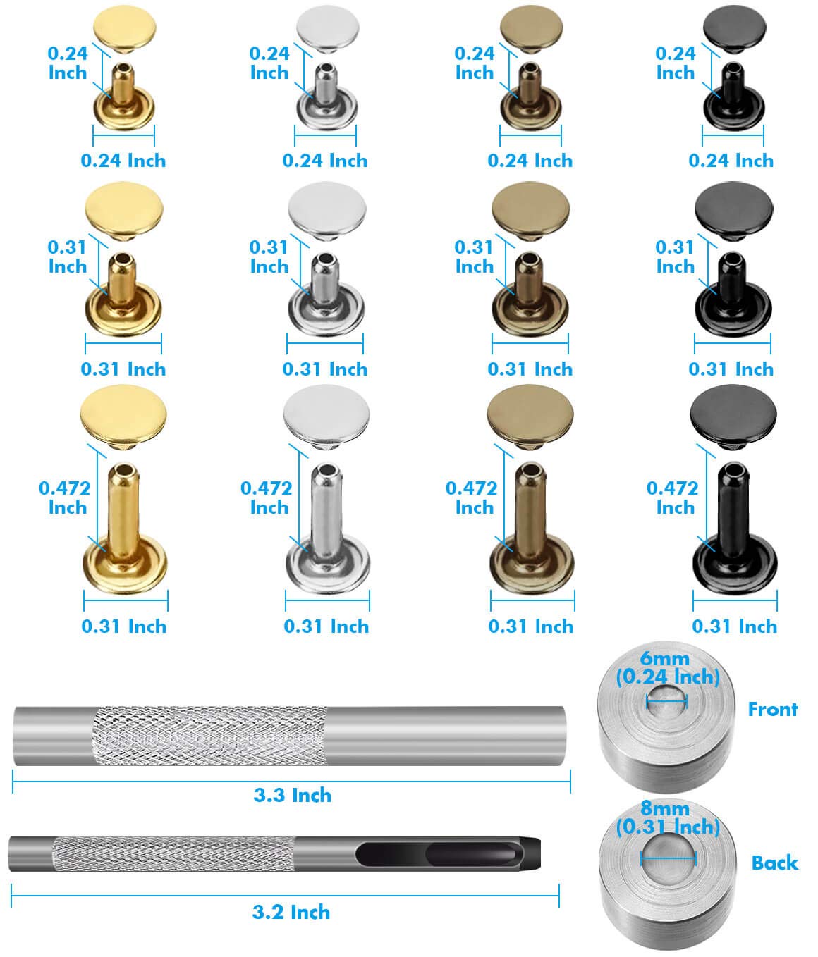 Paxcoo 480 Sets 3 Sizes Leather Rivets Double Cap Rivet Tubular Metal Studs with 3 Pieces Setting Tool Kit for Leather Craft Repairs Decoration, 4 Colors