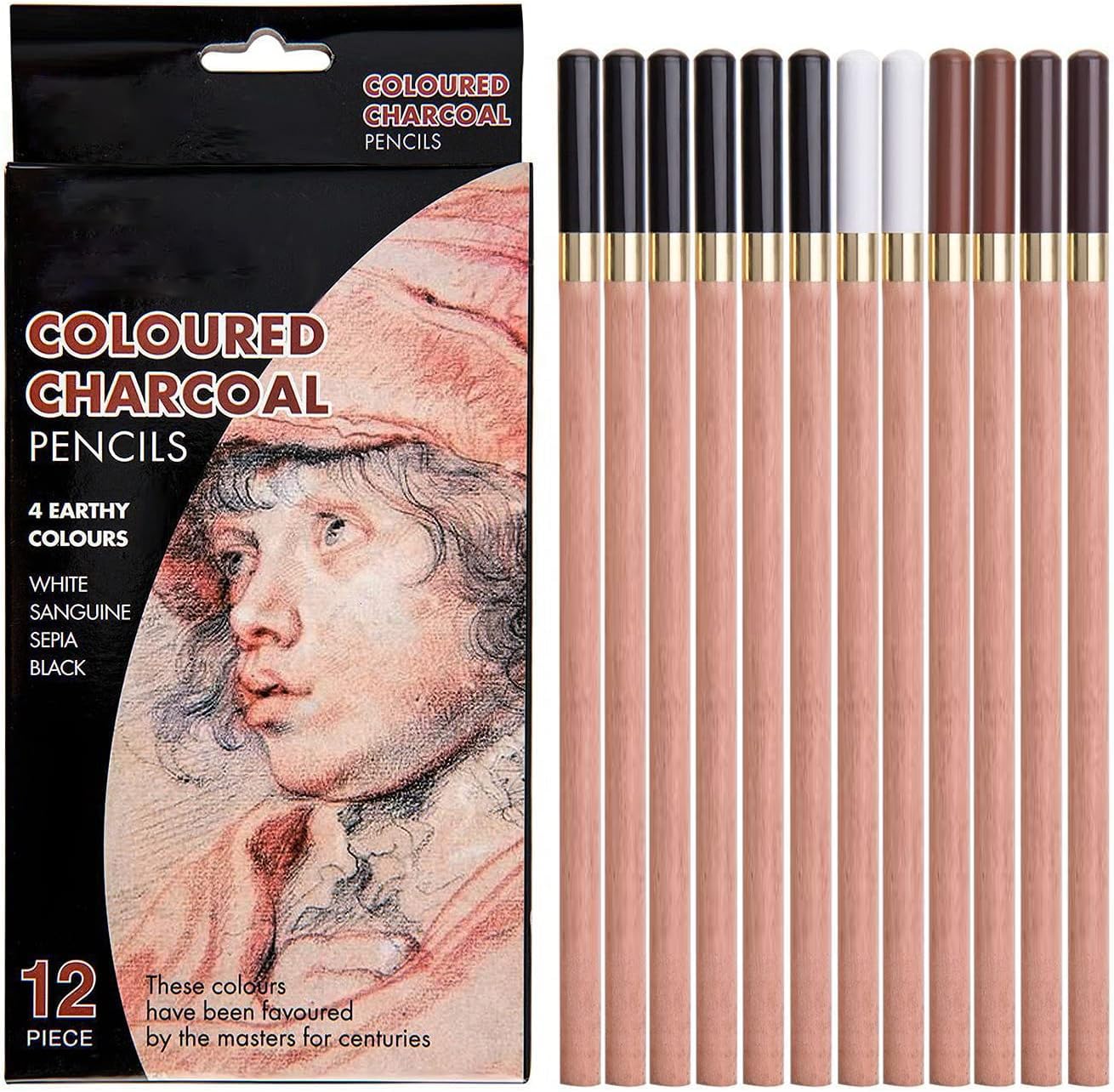 12Pcs Coloured Charcoal Pencil Set,4 Colors Charcoal Drawing Pencils Art Sketching Pencils Set for Artists Beginners Professionals Adults