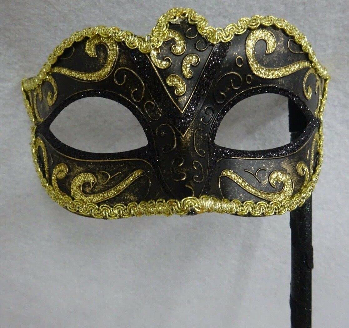 VENETIAN MASQUERADE PARTY EYE MASK ON A STICK BLACK BRONZE & GOLD
