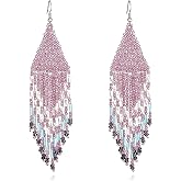 FUTIMELY Rice Beaded Tassel Drop Dangle Earrings for Women,Boho Handmade Seed Bead Native Bohemian Large Statement Fringe Long Earrings for Women