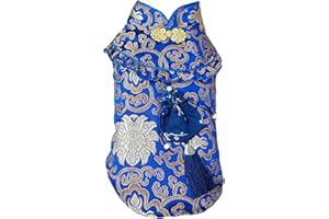BAMY New Year Dog Cheongsam Fortune Bag Cat Tang Suit Chinese Traditional Pet Outfit Qipao for Cats Small Medium Dogs (S (Chest Circumference 16.5"), Blue)