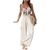 SOLY HUX Women's 2 Piece Outfits Striped Tie Front Strapless Crop Tube Top and Suspender Pants Set