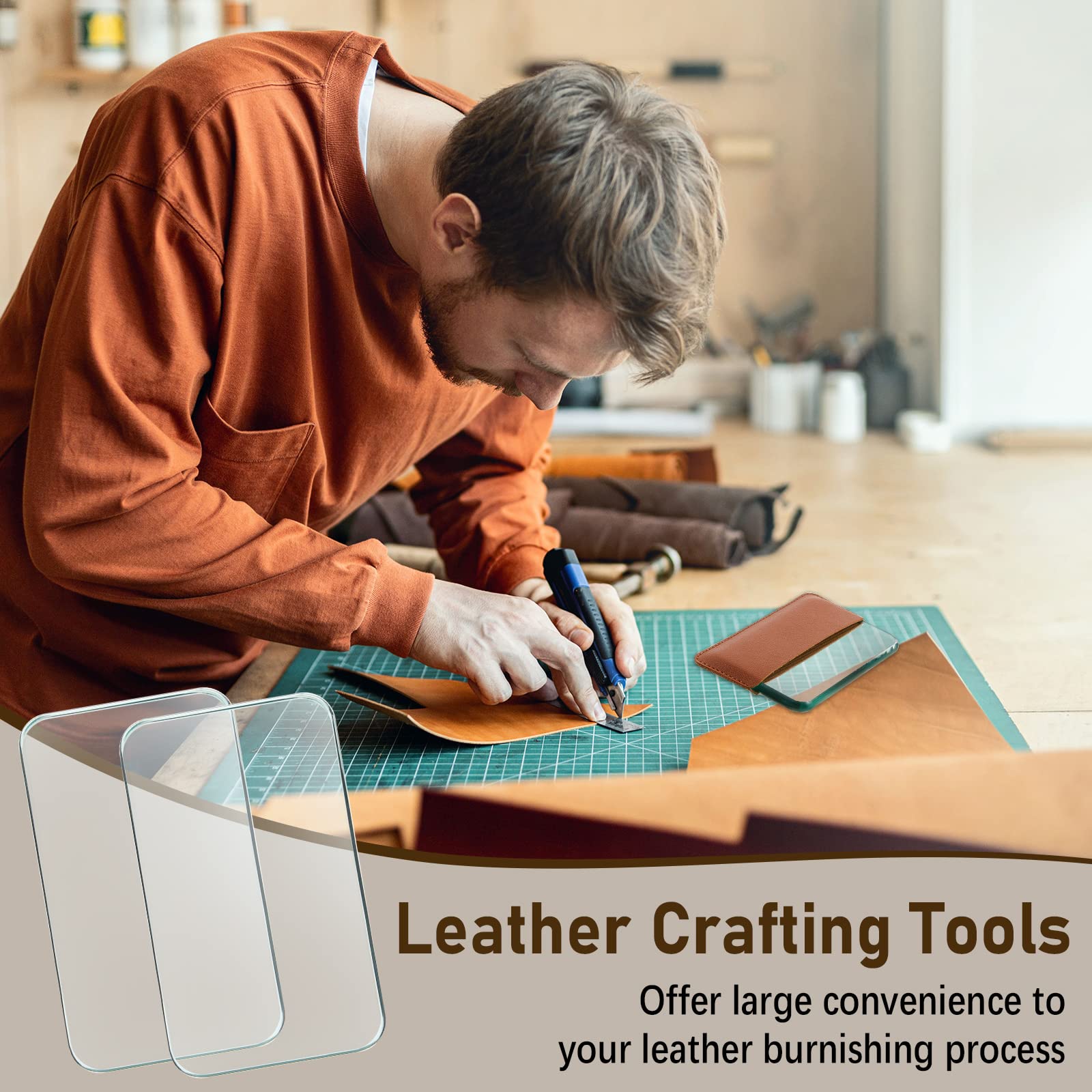 2 Sets Leather Burnishing Tool Glass Slicker Leathercraft Working Tools for Burnishing Burnisher Supplies with Handle for Glass Block Smoothing Techniques(Faux Leather Handle)