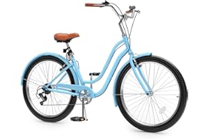 YITAHOME 24 & 26 Inch Beach Cruiser Bike, 7 Speed & Single Speed Commute Bike, Step-Through Bicycle for Adult Women & Men, Steel Frame Cruiser Bike with Full Front & Rear Fenders