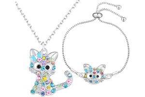 DKAKOJEW Lovely Rainbow Rhinestone Cat Jewelry Set For Girls Pendant Necklace Girl Jewelry Gift For Girls Daughter Granddaughter Niece Christmas Gift Girl Birthday Gift over 3 years old.
