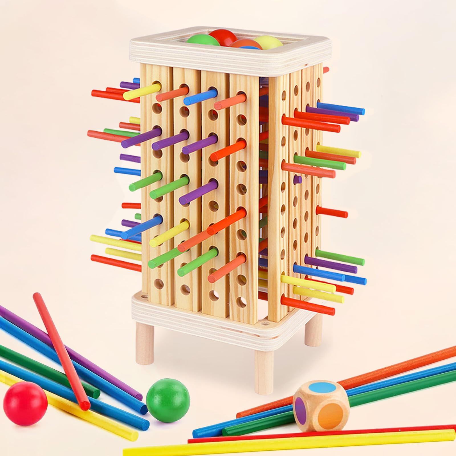 Yexati Montessori Toys Wooden Board Game, 42 Colorful Wooden Sticks & Dice Game for Math & Fine Motor Skills, Educational Learning, Kids Games，Family & Travel Game