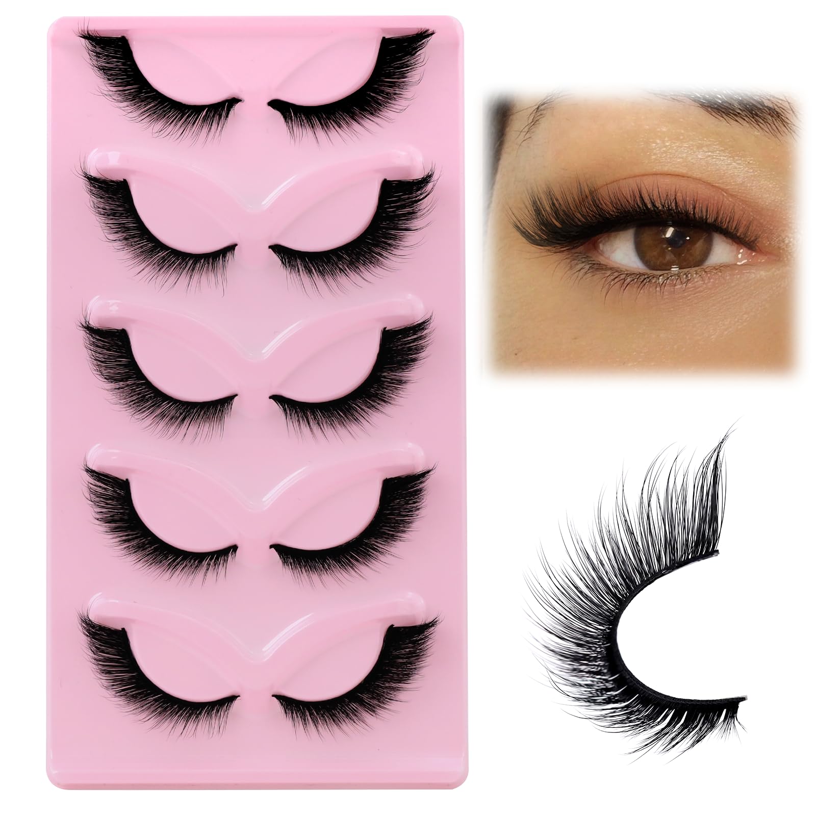 EMEDA Fox Eye Lashes 3D Wispy Lashes Natural Look 13mm L Curl Lash Extension Effect Thick Pink Synthetic Fibre False Eyelashes 5 Pairs