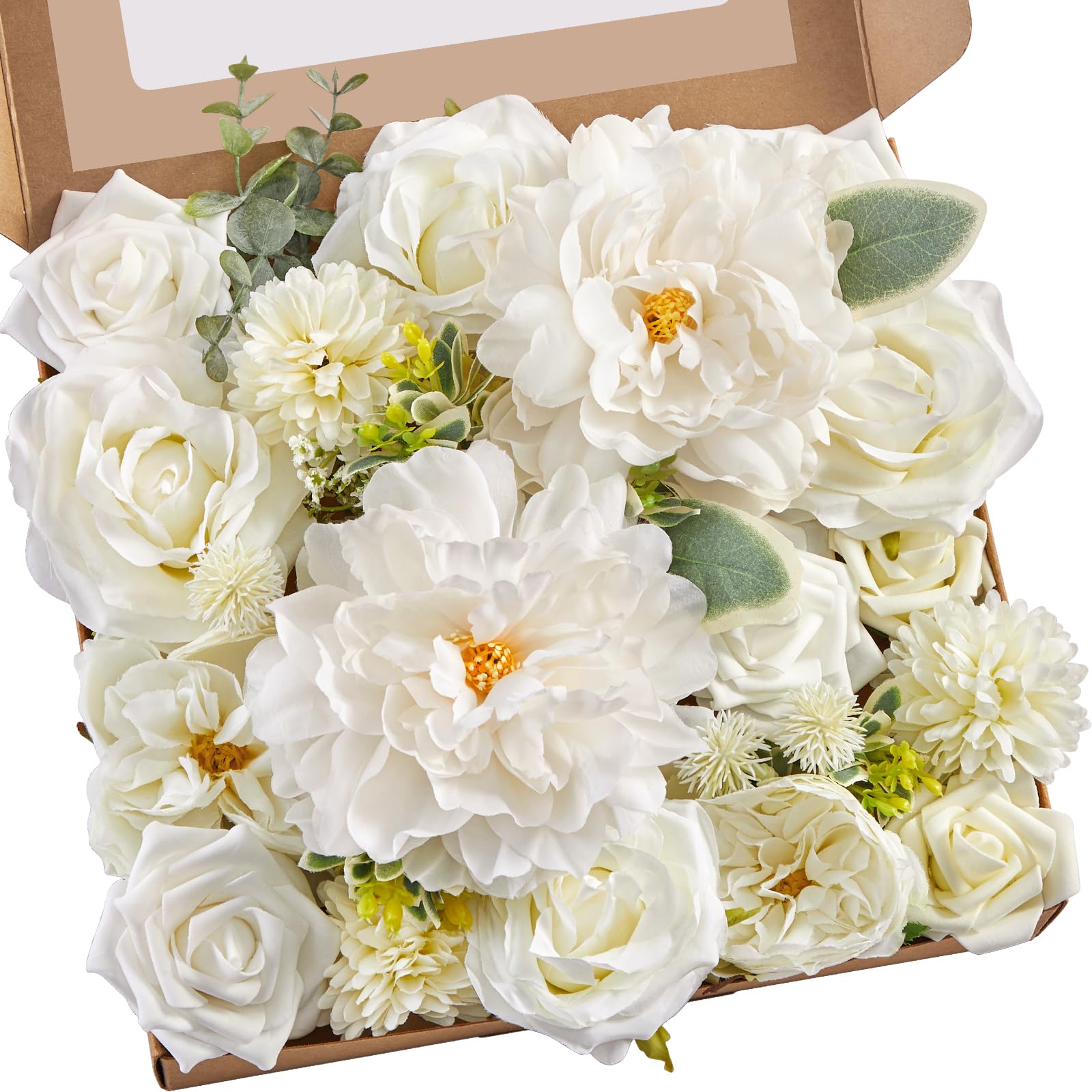 Serwalin Artificial Flowers Bridal Bouquets Realistic Fake Silk Foam Flowers Wedding White Peonies Roses DIY Centerpieces Corsage Boutonniere Home Decoration Party Arrangement Baby Shower — image 1