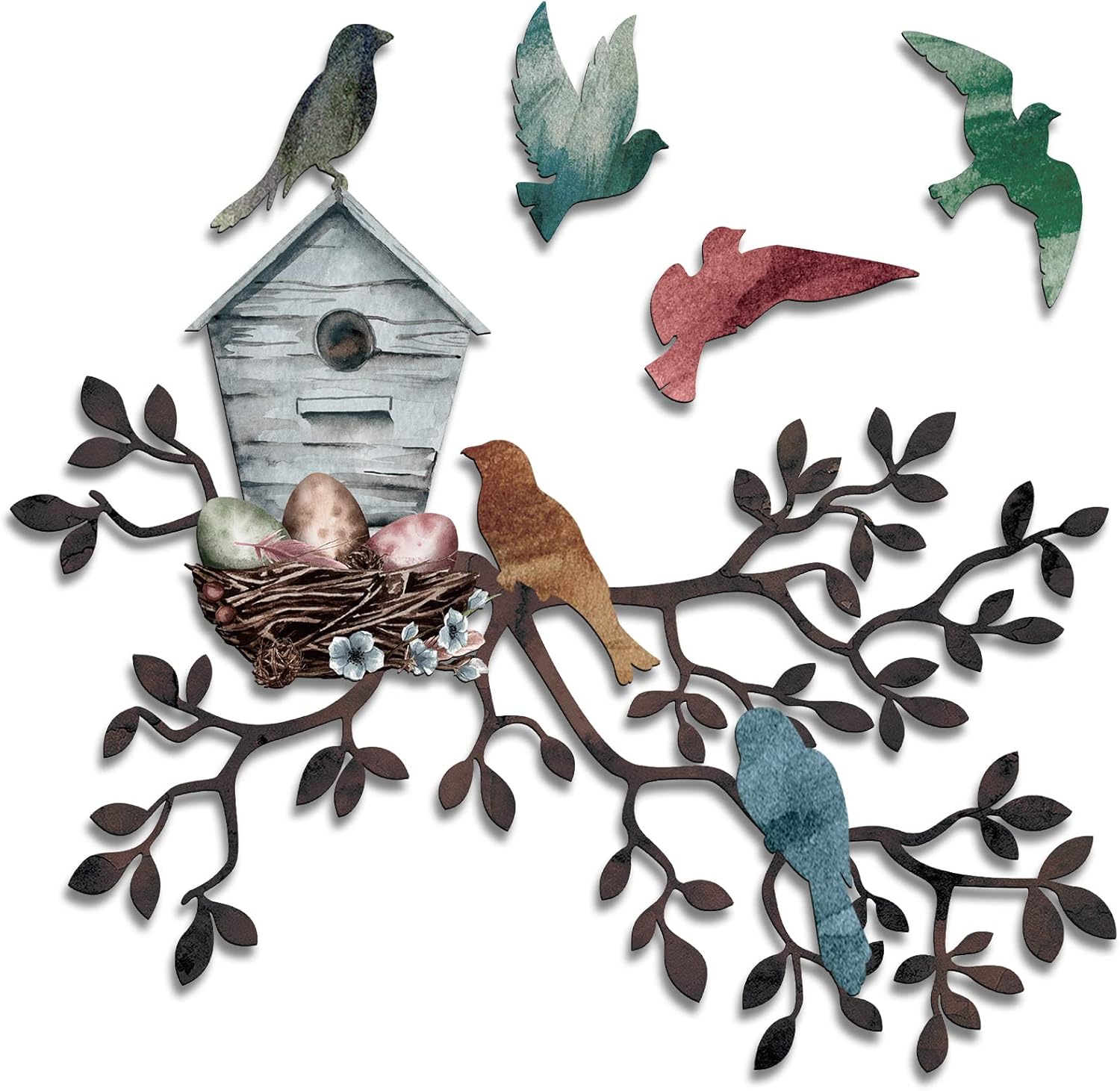 Plaques & Wall Art - Tatuo Metal Hanging Tree with Birdhouse Wall Art Outdoor Wall Decor Bird Decorations for The Home Metal Leaf Wall Decor for Outdoor Indoor Garden Yard Patio Fence Park Home Accent, Multi Color