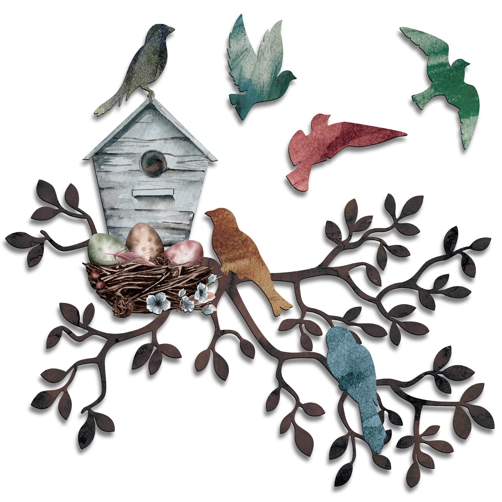 Photo 1 of Tatuo Metal Bird Wall Art Birds on The Branch Wall Decor Hanging Leaves with swallows Sculpture Metal Tree Leaf hanging Art Birdhouse Outdoor Decor for Indoor Outdoor Balcony Garden Yard